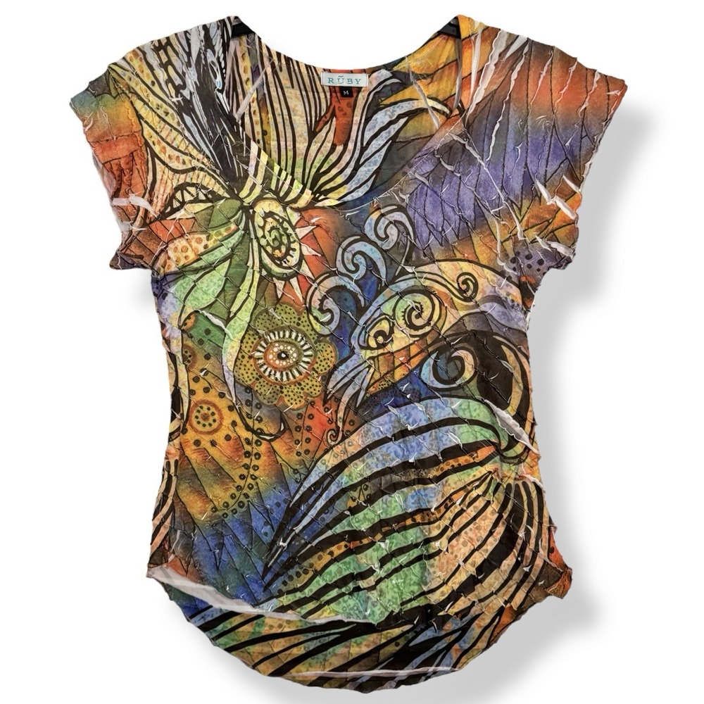 Y2K 90s Ruby Colorful Art Eyelash Ruffle Top Size M Bird Hippie Boho Fairy Gypsy
